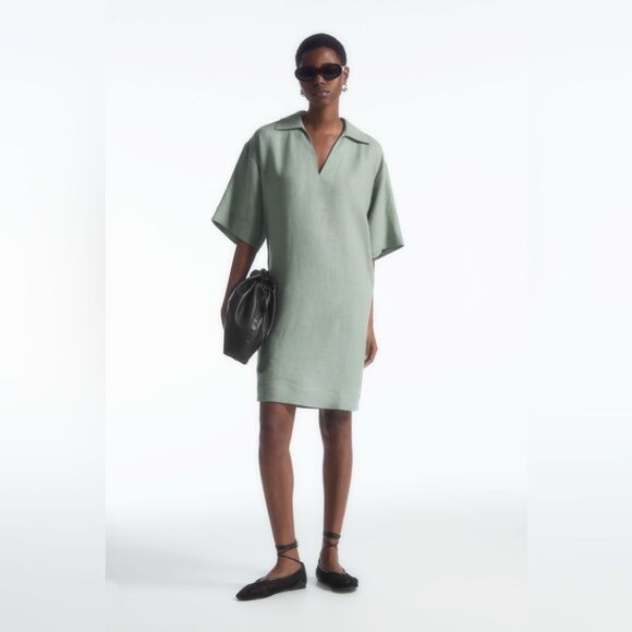 NWT COS OPEN-COLLAR LINEN SHIRT DRESS in mint green - Picture 3 of 13